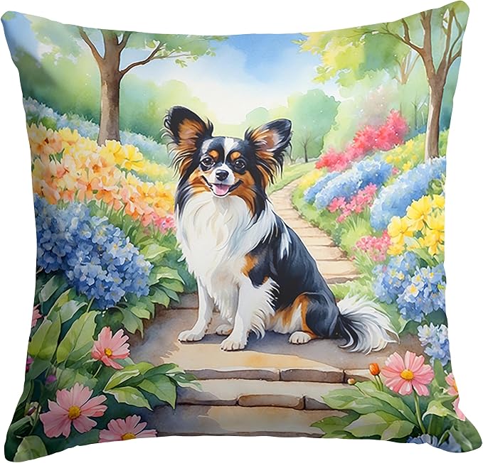 Caroline's Treasures Papillon Spring Path Throw Pillow Machine Washable, Indoor Outdoor Decorative Pillow for Couch, Bed or Patio, 18Hx18W