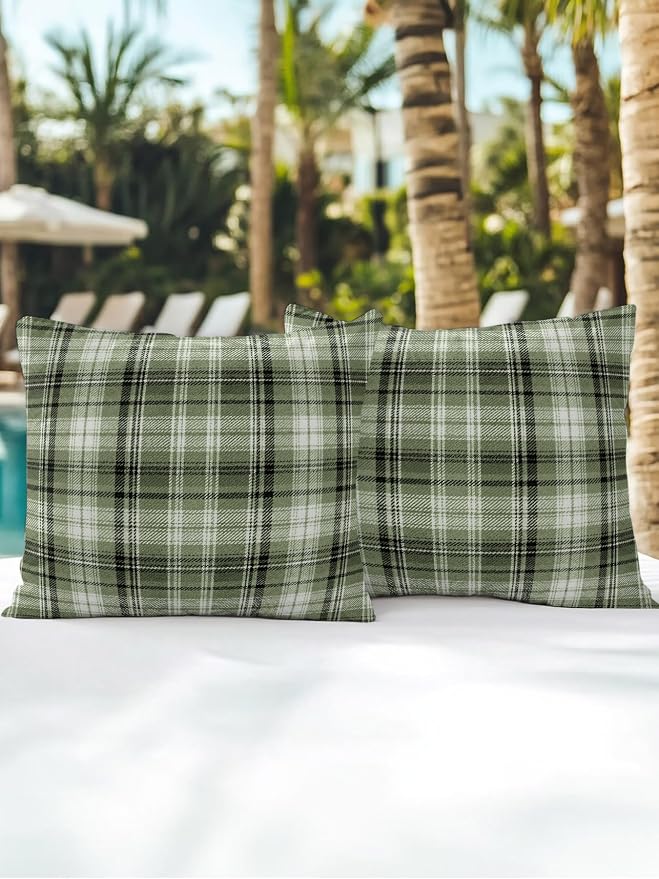 Waterproof Outdoor Pillow Set of 2 Green Checked Plaid Decorative Throw Pillows Cover & Insert 16x16 Inch Pillowcase Stripes Woven Grid Square Pillows for Couch Sofa Bed Patio Furniture Indoor Outdoor