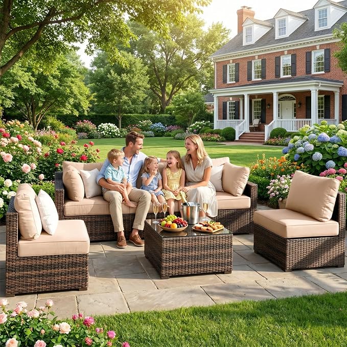 7 Piece Patio Furniture Set, Outdoor Wicker Sectional Sofa - All Weather High Backrest PE Rattan Couch Conversation Set with Cushion & Glass Top Table for Backyard Deck (Beige, L-7 pcs w/Glass Table)