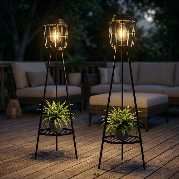 VISFLAIR Solar Lights with Plant Stand, Outdoor Floor Lamp, Waterproof Solar LED Edison Bulb Light Flower Shelf for Patio Porch Deck Yard Garden Decor-1 Pack