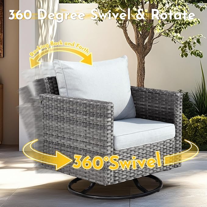 Weaxty 11 Piece Patio Furniture Set with Fire Pit Table, Outdoor Sectional Couch Swivel Rocker Patio Chairs with Coffee Table Wicker Conversation Sets for Balcony Backyard, Light Gray