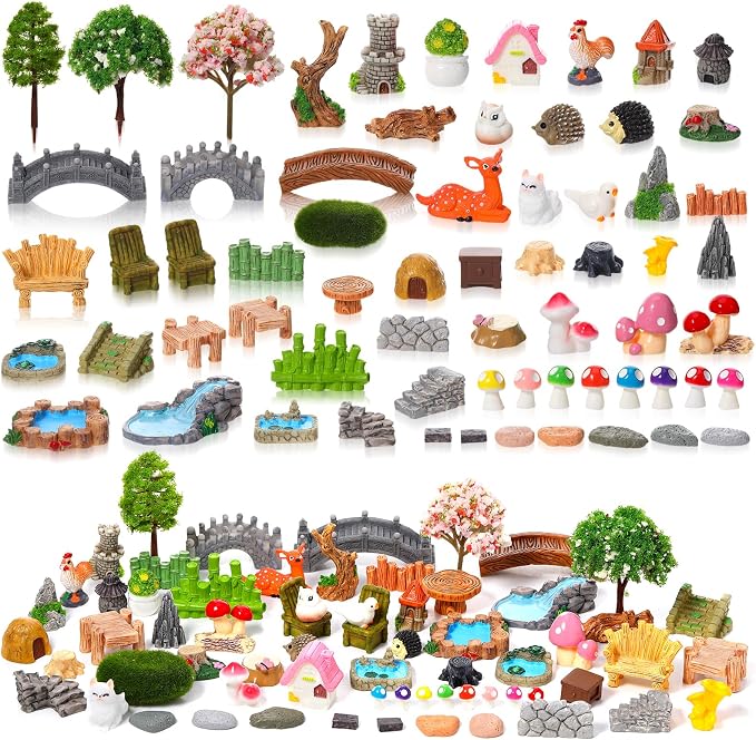 65 Pcs Fairy Garden Accessories Mini Resin Animals Figures | Miniature Table and Chairs Bridge Mushroom Pond Fence Moss Bonsai Landscape Ornaments Kit for Garden DIY Craft