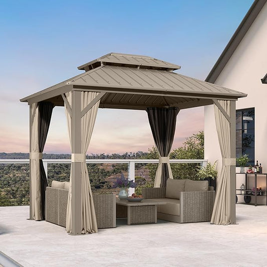 PURPLE LEAF 8' x 10' Hardtop Gazebo, Champagne Outdoor Aluminum Gazebo with Galvanized Steel Double Roof, Curtains and Netting for Patio Lawn and Garden