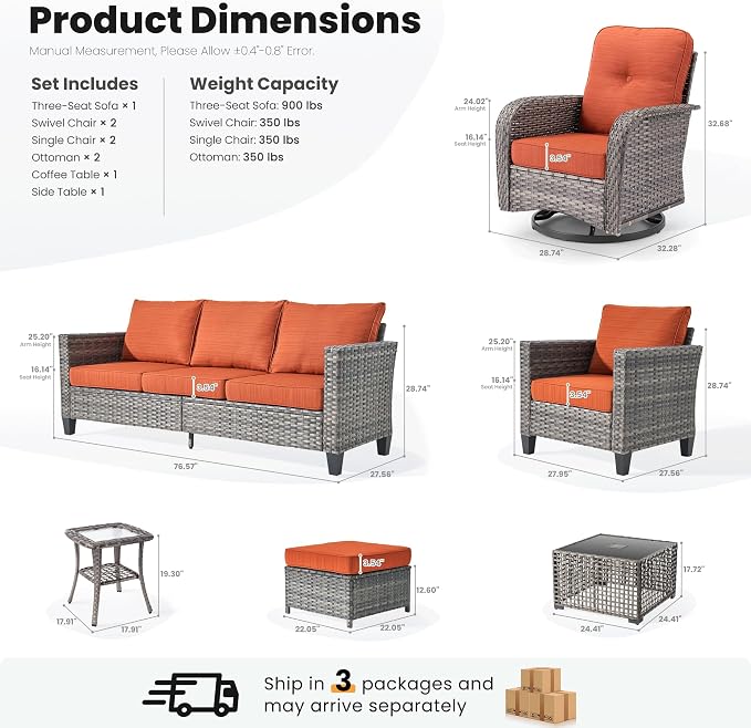 ovios 9 Pieces Patio Furniture Set, Outdoor Wicker Sofa Couch with Swivel Glider Chairs Solar Lights Table, Modern Deep Seat Rattan Conversation Sets for Deck Porch, Orange Red