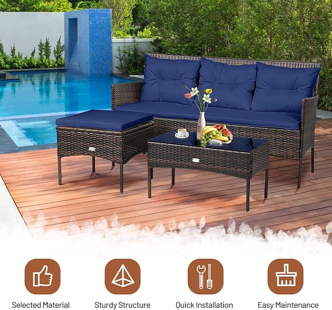RELAX4LIFE 3 Pieces Patio Furniture Sectional Set, Rattan Wicker Conversation Set W/ 5 Cozy Seat & Back Cushions, Tempered Glass Coffee Table for Poolside, Balcony, Backyard Outdoor Furniture (Navy)