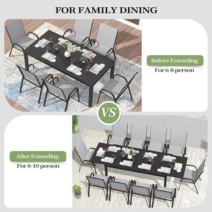 PIZZELLO 11 Pieces Outdoor Dining Set, 106" Aluminum Extendable Patio Dining Table w/ 10Pcs Stackable Textilene Chairs, All Weather Outdoor Table and Chairs Sets for Backyard, Garden and Deck