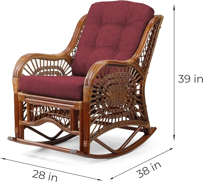 Malibu Handmade Natural Rattan Living Room Set of 2 Rocking Lounge Chairs and Round Coffee Table with Glass, Colonial Color, Dark Brown Cushions