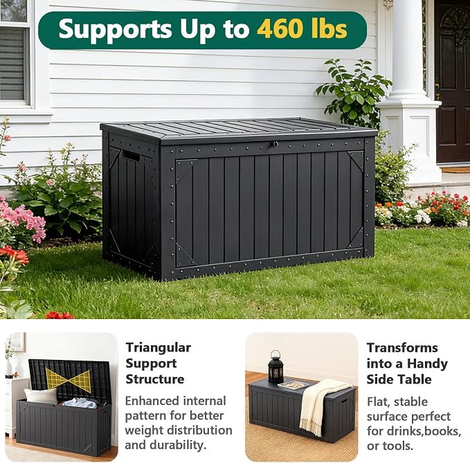 Outdoor Storage Box, 98 Gallon Deck Box, Outdoor Storage Bench, Waterproof Resin Storage Bench with Lockable Lid, Patio Furniture Cushions & Garden Tools Storage, UV Resistant (Black)