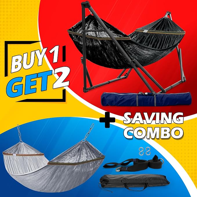 Tranquillo Combo x2 Hammocks with Stand for Outside & Tree Straps, Heavy Duty Hammock with Stand 600lbs for Indoor Outdoor Patio Backyard, x2 Hammocks for 2 Person (Combo - Black, Medium)