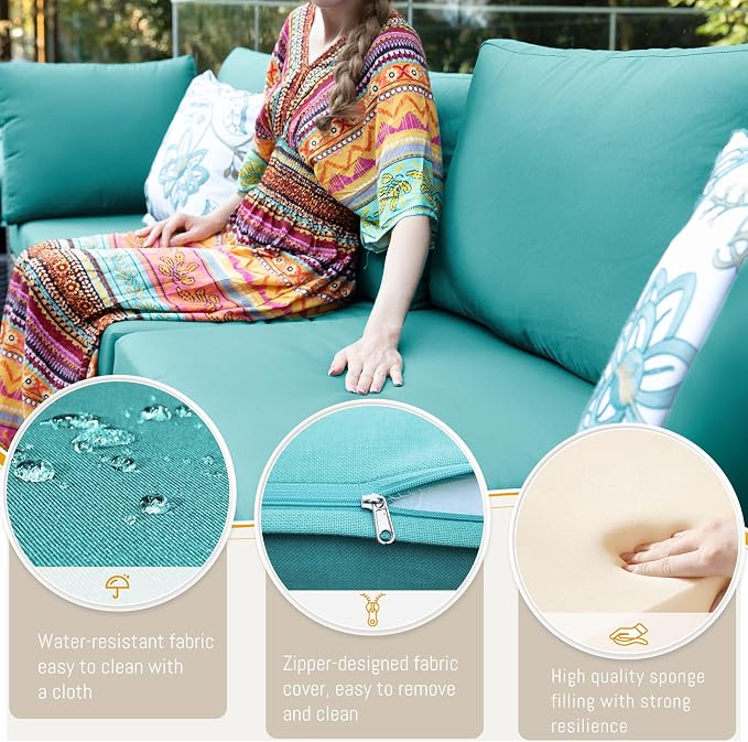 BULEXYARD 9 Pcs High Back Outdoor Sectional Set with Firepit Table, High-End Patio Furniture Seating Set, Big Oversized Wide Deep Modular 8-Seater Couch Sofa for Backyard, Brown Wicker & Teal Cushion