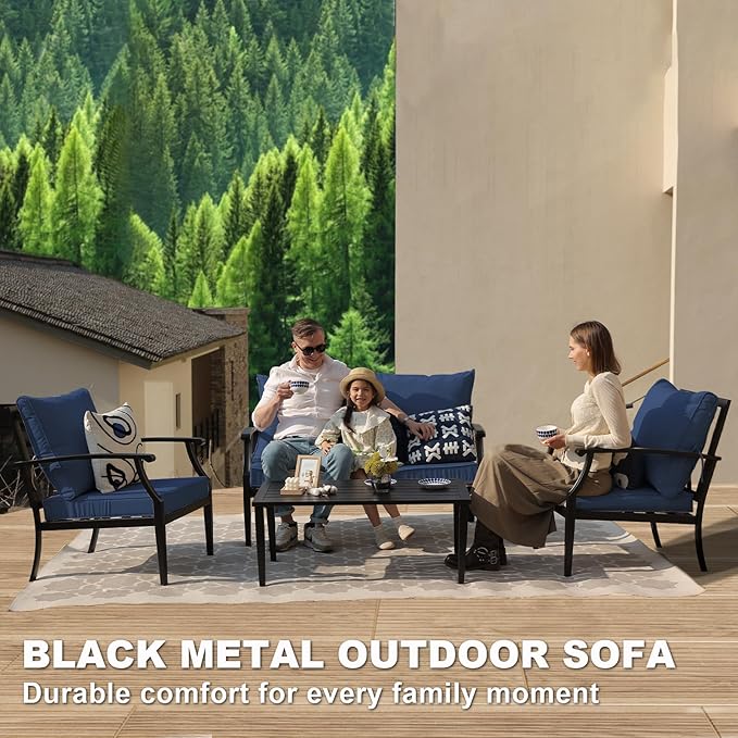 4-Piece Patio Furniture Set, Wider Outdoor Metal Seating Sofa with High Back & Loveseat, Coffee Table, All Weather Metal Conversation Set for Backyard, Poolside, Deck-Navy