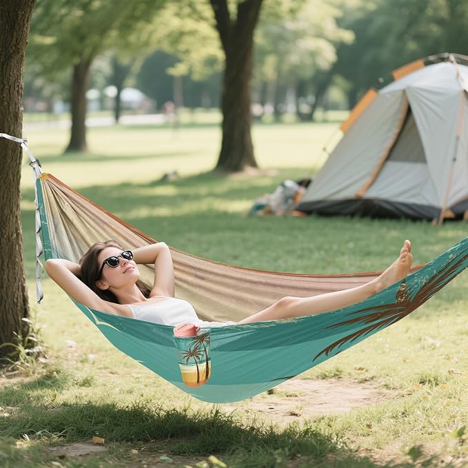 Retro Beach Scene Camping Hammock, Portable Lightweight Single Hammock with Tree Straps and Aluminum Carabiners, 114" x 54" Travel Hammock for Hiking Backpacking Beach