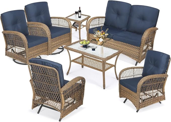 MEETWARM 7 Pieces Outdoor Patio Rattan Furniture Sets, All Weather Patio Wicker Conversation Set- 2 Rocking Glider, 2 Swivel Chairs, 1 Loveseat Glider w/Cushions, 2 Glass-Top Coffee Table, Navy Blue