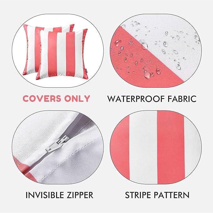 Pack of 2 Decorative Outdoor Waterproof Striped Throw Pillow Covers 20x20 | Pink,Solid, Polyester Linen Garden Farmhouse Cushion Cases for Couch Sofa Patio Tent Balcony