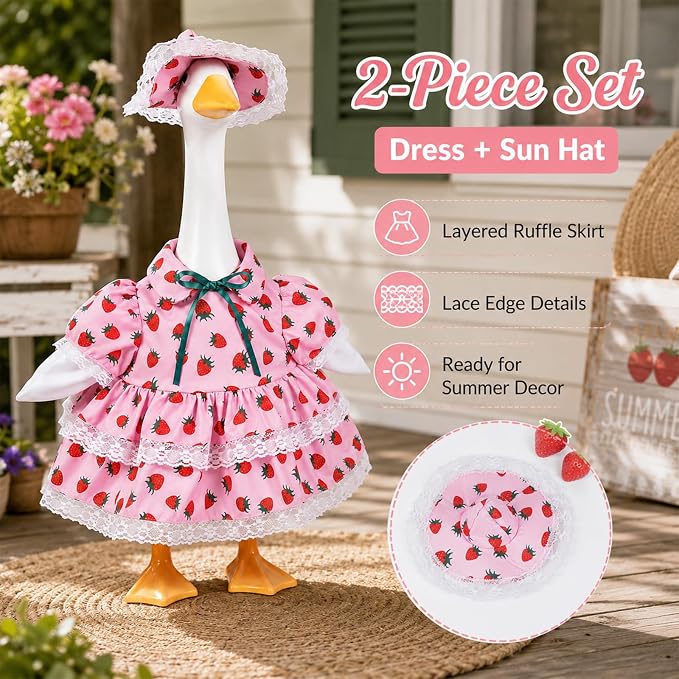 23 Inch Summer Strawberry Porch Goose Outfit, Pink Countryside Dress with Sun Hat, Seasonal Decorative Goose Clothes for Yard Lawn Patio Decor