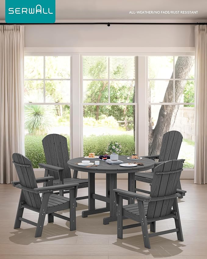 SERWALL 5-Piece Patio Dining Sets, HDPE Outdoor Table and Chairs Furniture Set, 45" Round Dining Table and 4 Adirondack Dining Chair, Grey
