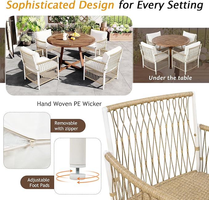 Merax 5 Piece Patio Dining Set, Outdoor Acacia Wood Extendable Round Table with 12 Inch Butterfly Leaf and 4 Rattan Arm Chairs w/Cousions & Pillows for Backyard,Balcony, Garden, Poolside, Natural