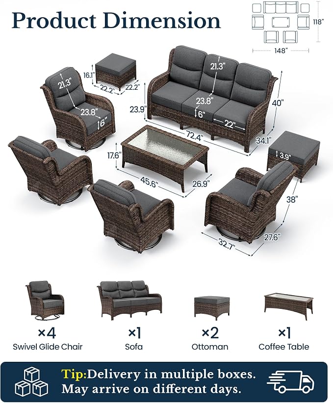 HILLGA Luxury High Back Patio Furniture Set with 6-Inch Thick Cushion, 8-Piece Outdoor Conversation Set with Sofa, Swivel Rocker Chairs & Ottomans, Ideal for Porch Pool Deck Yard (Dark Grey)