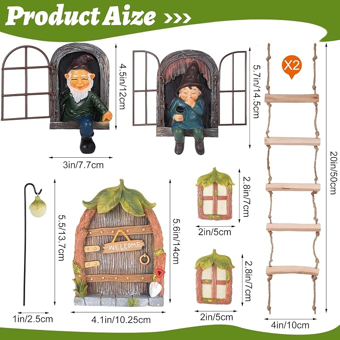 7 Pcs Fairy Garden Accessories Tree Hugger Gnome Statue Tree Faces | Fairy Door Window Set Dwarf Elf Landscape Figurine Out The Door Resin Sculpture Hanging Decor Fresh for Trees Outdoor Decor