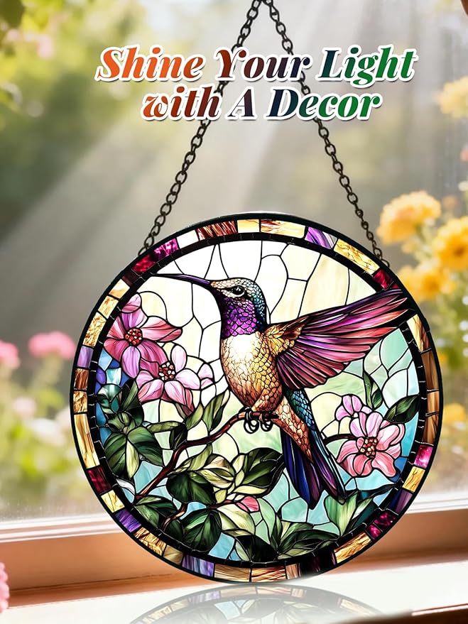 Hummingbird Stained Glass Suncatcher Window Hanging Flowers Gifts for Mom | 6.3in Garden Sun Catcher, Bird Pink Flowers Ornament for Door Home, Gift for Bird Lovers Grandma & Mother's Day Christmas