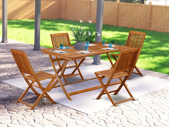 East West Furniture AECM5CWNA 5 Piece Patio Bistro Dining Furniture Set Includes a Rectangle Outdoor Acacia Wood Table and 4 Folding Side Chairs, 36x60 Inch, Natural Oil