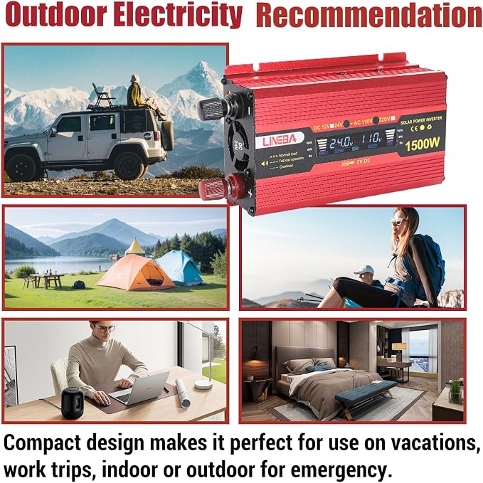 1500 Watt Power Inverter with LED Display,Dual AC Outlets,USB Port, 24V DC to 110V AC Converter Car Power Inverter for Vehicles, Car, RV, Truck, Off Grid Solar System, Outdoor Camping