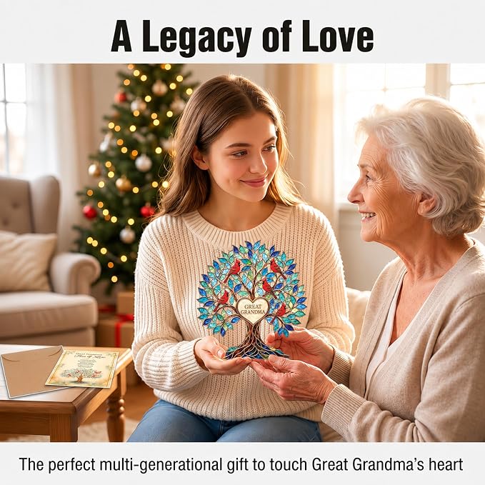 Grandma Gifts, Gifts for Grandma, Grandma Birthday Gifts, Tree of Love 4 inch Suncatcher for Great Grandma, Cardinal Bird Family Tree Window Hanging Decor with Keepsake Message Card