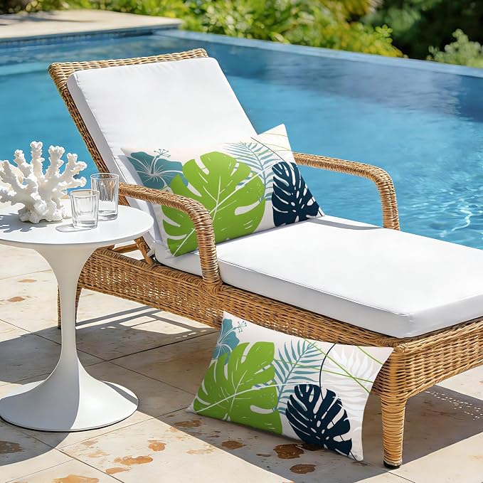 OTOSTAR Outdoor Waterproof Throw Pillow Covers 16x24 Inch Set of 2 Double-Sided Light Green Blue Tropical Leaf and Flower Spring Summer Decorative Pillow Cases for Patio Funiture Garden Balcony Couch