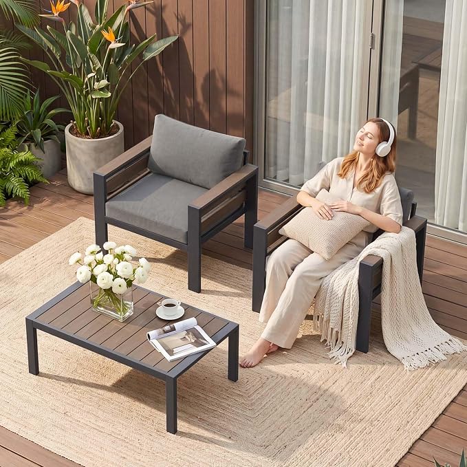 DoCred 2 Pcs Aluminum Armchairs with Coffee Table for Patio Furniture Set | Patio Conversation Set Outdoor Sofa Set for Porch, Balcony, Deck, Yard, Poolside