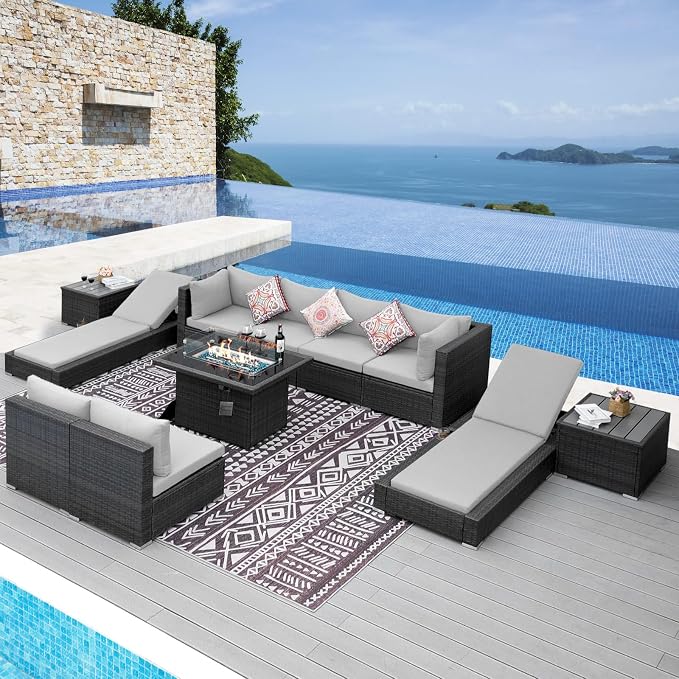 NICESOUL 11-Piece Patio Furniture with Chaise Lounge, Modern Wicker Outdoor Sectional with Fire Pit, Comfortable 29.3'' High-Back Conversation Seating, Heavy Duty All-Weather Couch Set, Light Grey