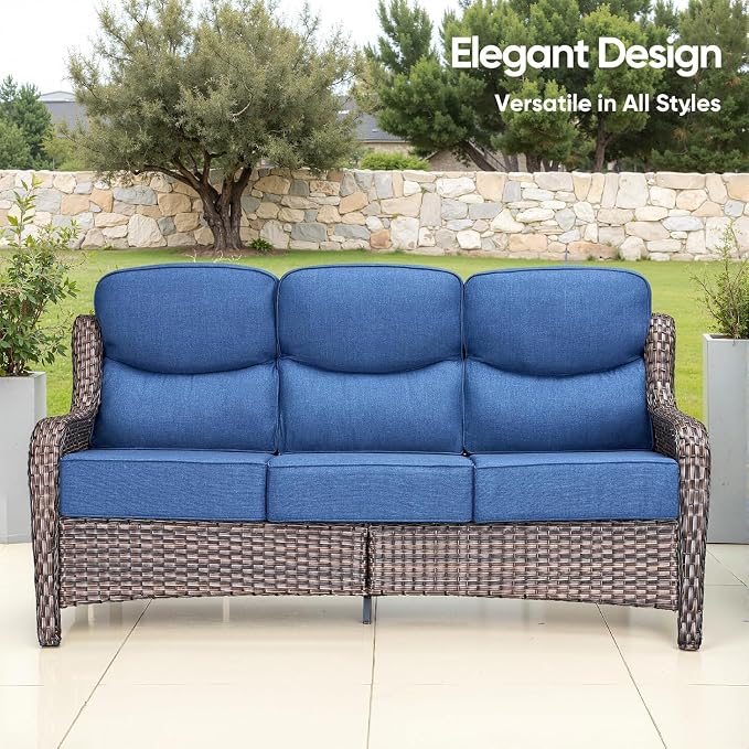 Luxury Patio Furniture Set 7pcs with 6-inch Cushion, Outdoor Furniture with Coffee Table, Swivel Chairs, Sofa, Side Table, Ottomans, Patio Set for Deck Yard and Poolside Brown Wicker | Blue Cushions