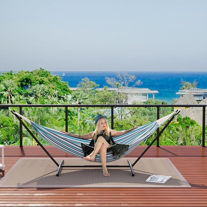 Heavy Duty Double Cotton Hammock with Stand, 450lbs Capacity Portable Hammock with Carry Bag, Vibrant Tropical Style for Indoor Outdoor Patio Backyard Camping