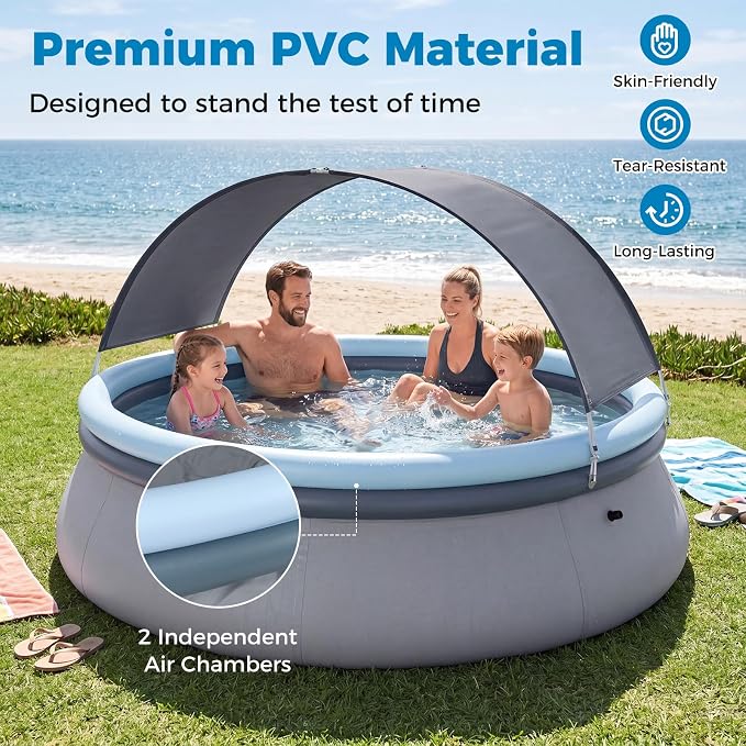 Goplus Inflatable Pool with Canopy, Large Round Above Ground Swimming Pool w/ 2 Air Chambers, Repair Patch, Top Ring Blow Up Pools for Backyard, Lawn, Garden (94.5” x 55.5”)