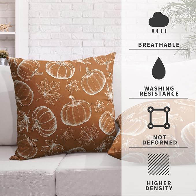 Fall Pillow Covers 18x18 Set of 2 Burnt Orange Pumpkin Maple Leaves Throw Pillow Covers Autumn Harvest Pillowcase Thanksgiving Cushion Case for Home Decor Patio Outdoor Sofa