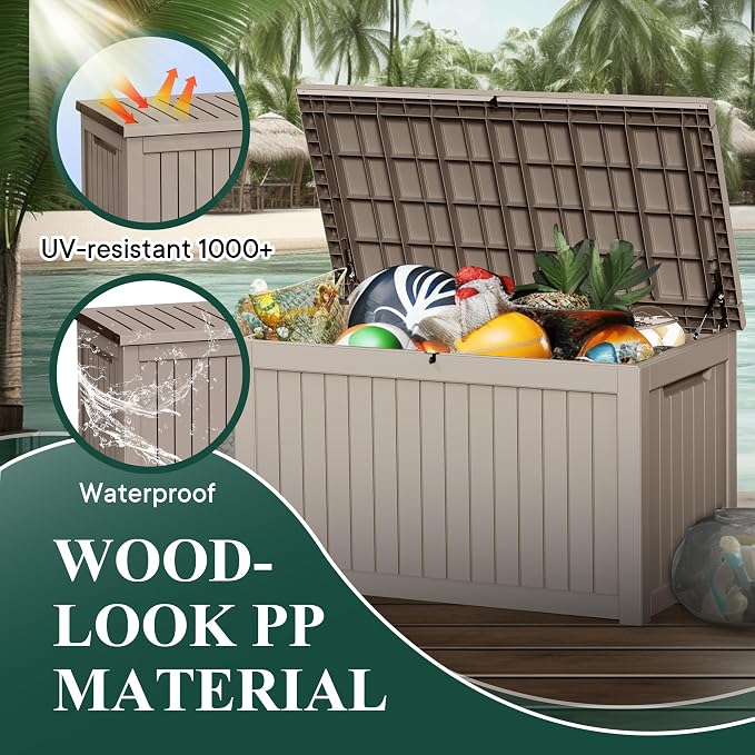 230 Gallon Waterproof Outdoor Resin Deck Box with Lockable Lid,Minimalist Wood Grain Pattern, Easy Assembly Features and Convenient Handles For Cushion, Pillows and other Patio Furniture(Grey)