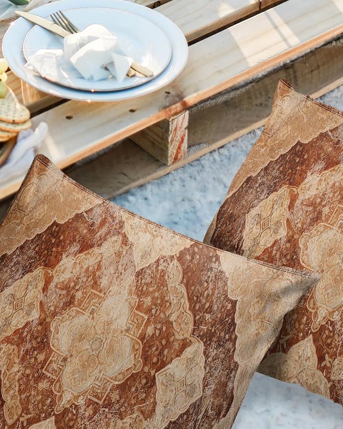 Outdoor Waterproof Pillow Covers Set of 2, Meddle Century Vintage Brown Mural Pattern Patio Throw Pillow Covers, Decorative Cushion Case for Couch Sofa Furniture Garden, 26x26 Inch