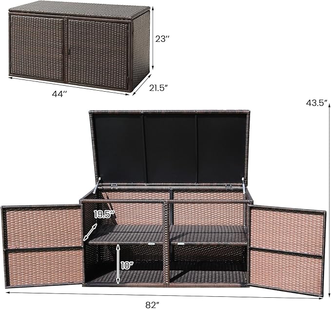 Tangkula 73 Gallon Outdoor Wicker Storage Box, Garden Deck Bin with Steel Frame, Rattan Storage Box with Lid, Ideal for Storing Tools, Accessories