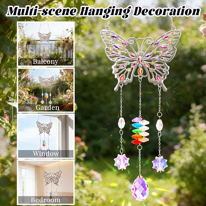 Butterfly Birthday Gifts for Women, Hanging Crystals Sun Catcher Prisms with Love Pendant for Window Room Garden Decor, Suncatcher Mothers Day Housewarming Gifts for Friends, Mom, Grandma, Wife