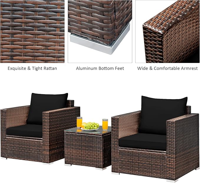 RELAX4LIFE 3-Piece Wicker Bistro Set - Outdoor Patio Rattan Sofa Set w/Washable Cushions & Tempered Glass Coffee Table, Conversation Furniture Set for Backyard, Porch, Garden & Poolside (Black)