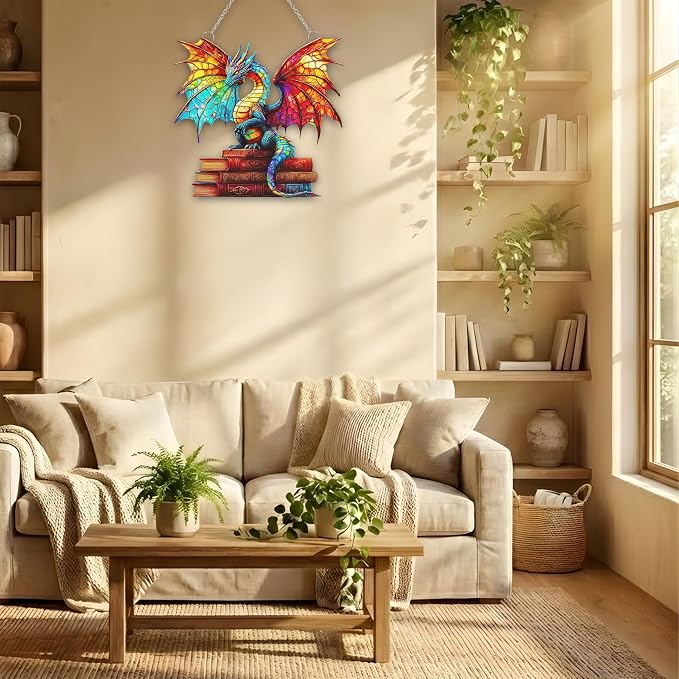 Bookish Dragon Acrylic Suncatcher, Bookish Suncatchers for Window Hanging Ornament, Art Garden Decor for Book Lover Reader Bookworm, Gifts for Mother's Day, Mom, Grandma, Wife, Women, Nana