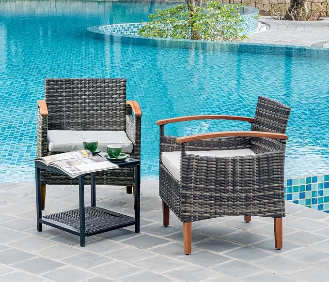 3 Pcs Outdoor Patio Furniture Sets, Outdoor Patio Rattan Chair with Side Coffee Table, Conversation Set Outdoor for Yard Garden Backyard Lawn (Gray)