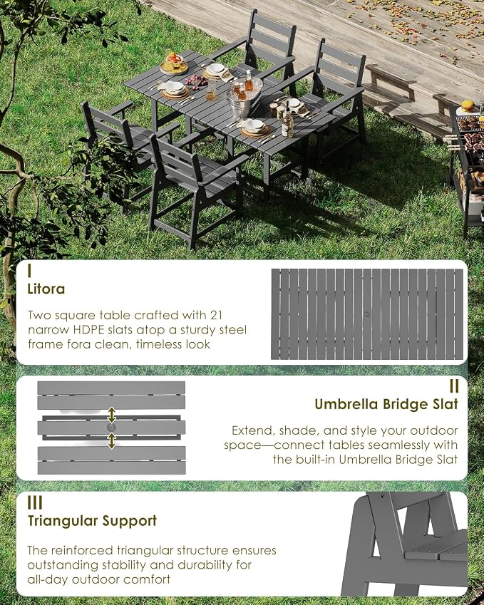 GREENVINES 5-Piece-Outdoor-Table-and-Chairs | HDPE | Patio Furniture | Slatted Dining Sets for 4 | Removable Armrests | Connectable Tables | All Weather | for Backyard Poolside Garden | Grey