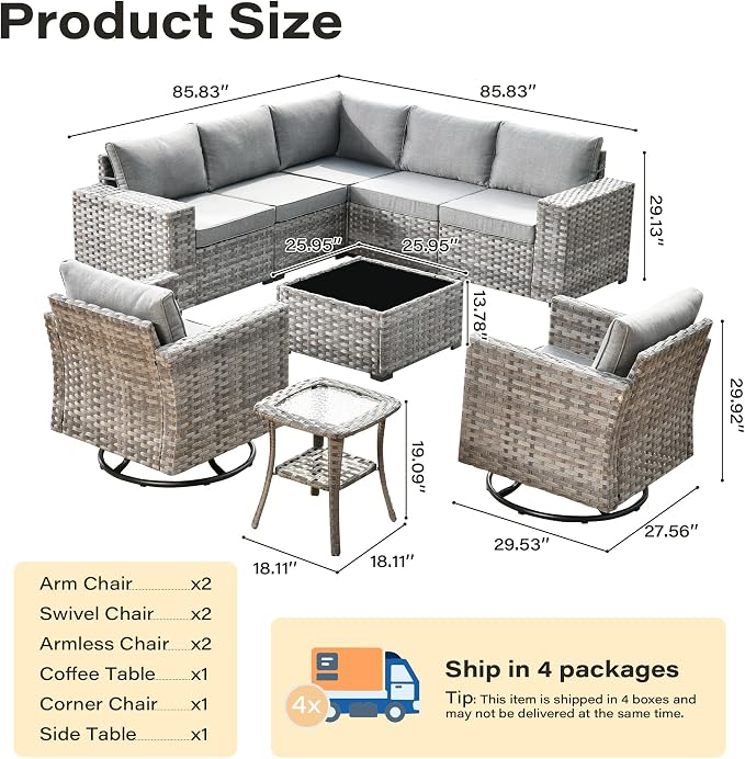 9 Pieces Patio Furniture Set, Wicker Outdoor Sectional Sofa with Swivel Chair Comfy Cushions, Modern Modular Deep Seat Rattan Couch Conversation Set for Backyard Porch Yard,Dark Grey