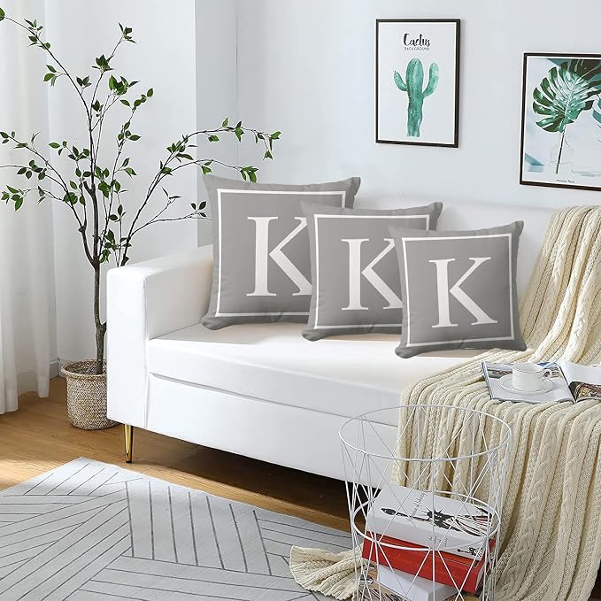 Monogram Initial Modern Gray Outdoor Pillow Covers 18 x 18inches Decorative Pillow Case for Sofa Couch Bed (Pillow Insert Not Include)