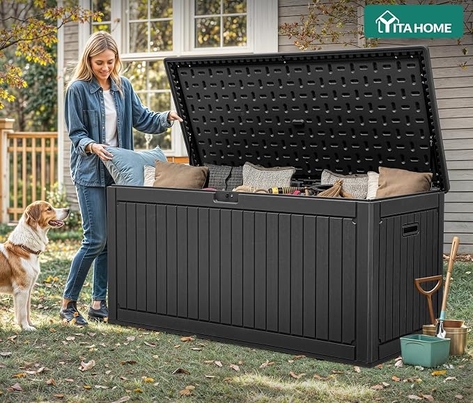 YITAHOME 320 Gallon Extra Large Deck Box, Double-Wall Resin Outdoor Storage Box with Flexible Divider for Patio Cushions Pool Supplies Garden Tools, 1000lbs Load Capacity, Lockable&Waterproof (Black)