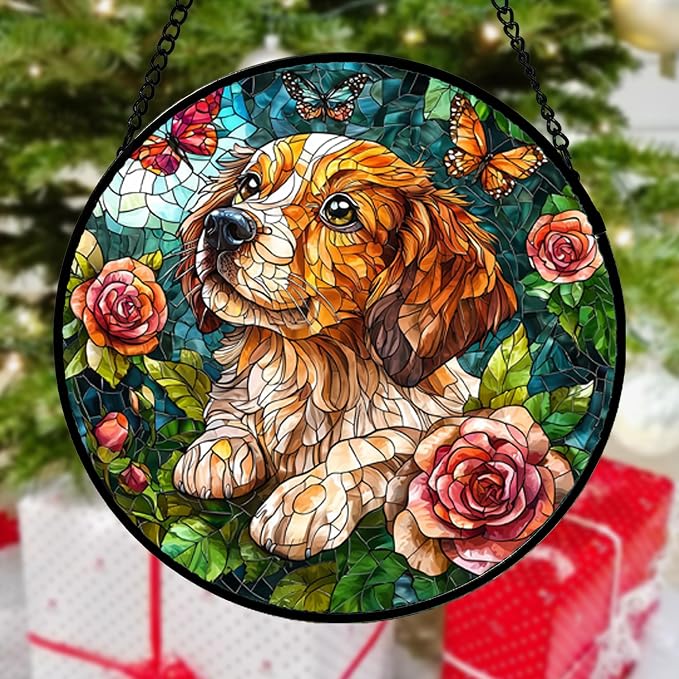 DASTOLL Stained Glass Window Hanging, Dog and Rose Suncatcher for Doors Home Butterfly Sun Catchers Decoration and Christmas, Mother's Day Birthday Gifts for Women, Men, and Mom 14.9x14.9 in