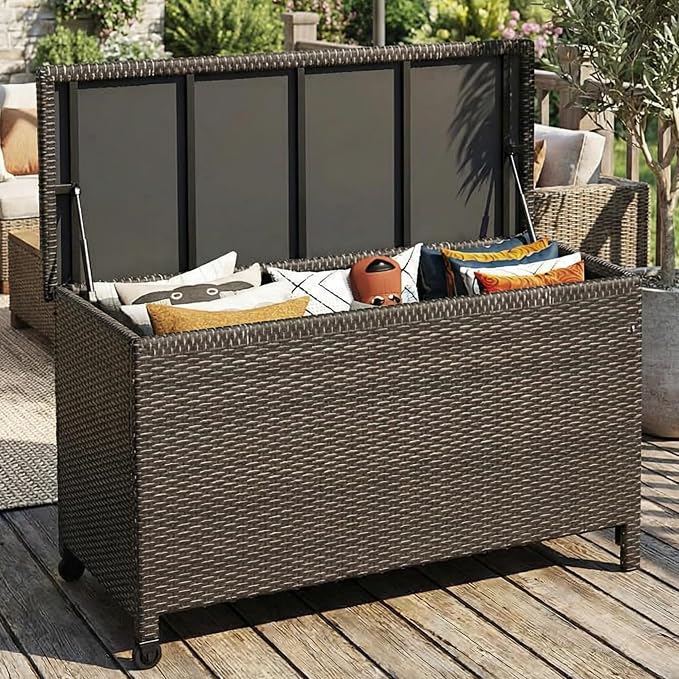 125 Gallon Outdoor Storage Box with Wheels - Large Wicker Rattan Deck Box for Patio Cushions, Garden Tools, Pool Floats & Pillows, All-Weather Patio Furniture Storage, Brown