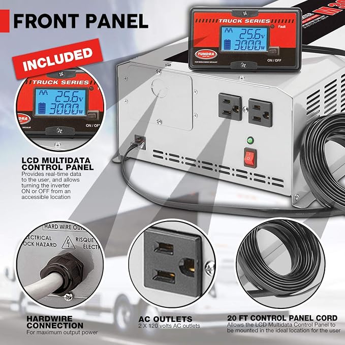Tundra M Series M3024 Power Inverter Modified Sine Wave 3000W/ 24V DC to 120 V AC for Trucks, Buses & Coaches Features LCD Display Adjustable Battery Protection with Dual AC Outlets