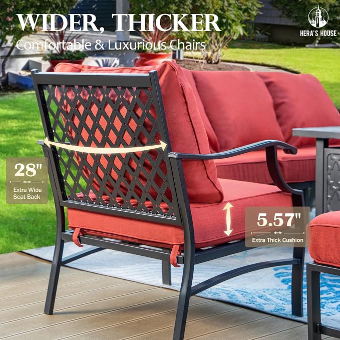HERA'S HOUSE 5 Pieces Patio Furniture Set with Fire Pit Table, 4 x Thick Cushioned Chairs, 1 x Fire Pit Table (50,000 BTU), All Weather Outdoor Conversation Set for Garden Backyard Lawn, Red