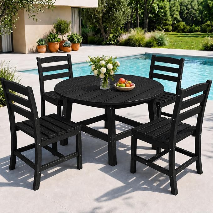 Pamapic 5 PCS Round Outdoor Dining Set, Wood Grain HDPE Outdoor Table and Chairs with 105° Ergonomic Backrest, Durable Patio Dining Table with Umbrella Hole, Black